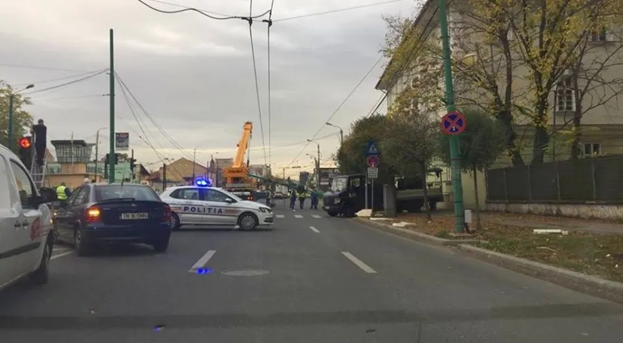 Circulație îngreunată la Timișoara după ce un stâlp s-a prăbușit peste șosea