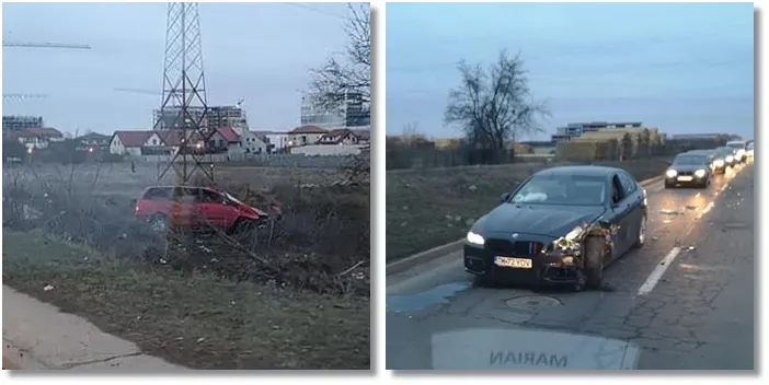 Mașină răsturnată după un accident la Timisoara. In ciocnire a fost implicată mașina unui polițist