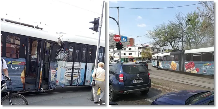 Accident de tramvai la Timișoara. O garnitură a rulat fără vatman și s-a oprit într-un alt tramvai
