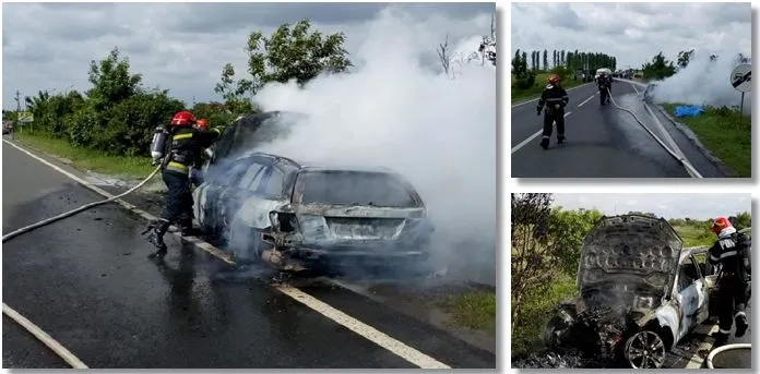 Incendiu pe drumul ce leagă Timișoara de Jebel. O mașină a ars ca o torță. Foto