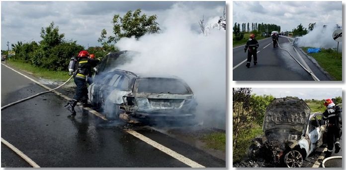 Incendiu pe drumul ce leagă Timișoara de Jebel. O mașină a ars ca o torță. Foto