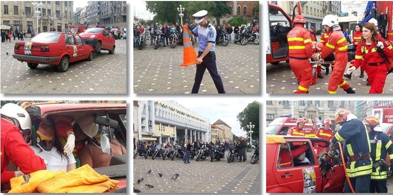 Campanie de prevenoire a accidentelor în Piața Operei din Timișoara. Demontrație făcută de forțele de intervenție. Foto