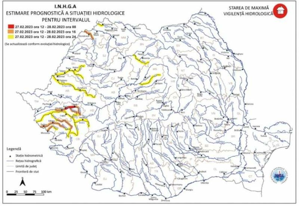 Avertizare prelungită: Cod roşu de viituri pe Bega, până marţi dimineaţa. Cod galben şi Cod portocaliu pe zece râuri
